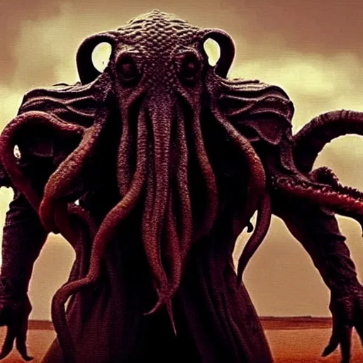 Image similar to cthulhu starring in the movie mad max, impressive scene. grainy and rough. soft colour scheme. cinematic