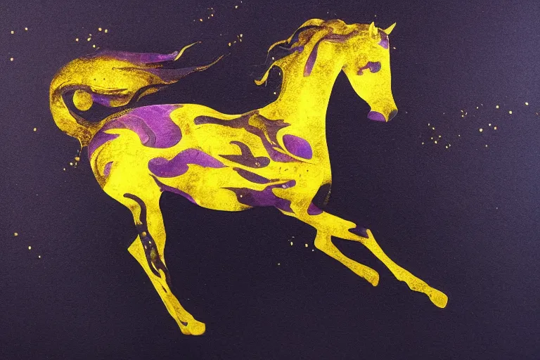 Prompt: beautiful serene horse, healing through motion, minimalistic golden and purple ink airbrush painting on white background