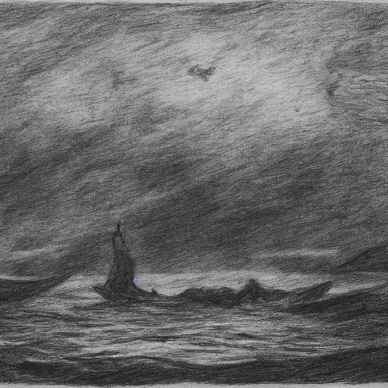 Image similar to the ship of theseus wrecked upon the night's plutonian shore, charcoal sketch by Edgar Allan Poe