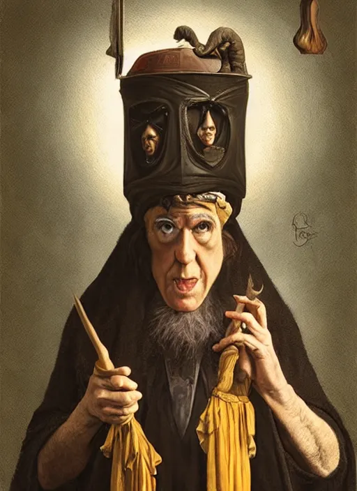 Prompt: moe howard as aleister crowley the grand mage of thelema. art by tom bagshaw and greg danton and manuel sanjulian