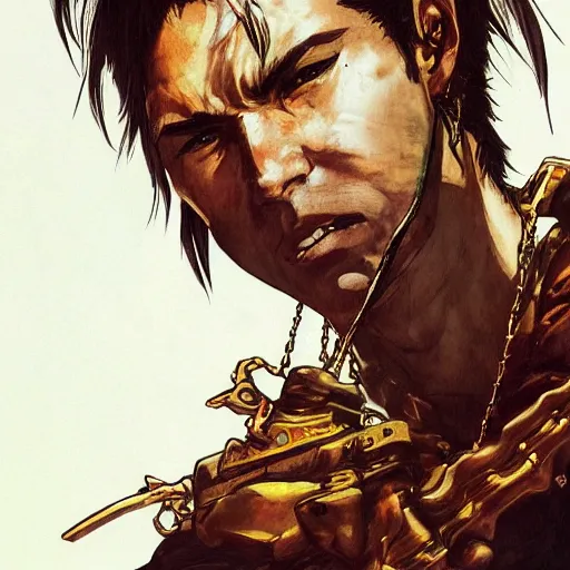 Image similar to portrait of a hero holding his sword in front of his face by yoji shinkawa, high quality, extra details, realism, ornate, colored, golden chain, blood, white skin, short hair, brown eyes, vivid, sunlight, dynamic, american man, freedom