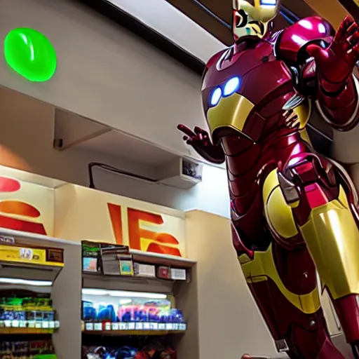 Prompt: Iron Man working as a 7/11 cashier, counter, laser scanner, macro, wide wide shot, very detailed, beautiful lighting