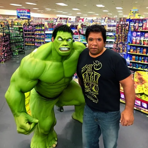 Image similar to the incredible hulk shoping at walmart