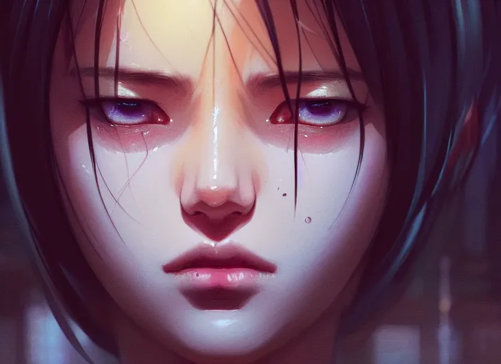 Image similar to a film still portrait of a beautiful crying woman, finely detailed features, closeup of face, cinematic lighting, perfect art, night cyberpunk city, intricate, anime, gapmoe grimdark, artstation, trending on pixiv fanbox, painted by greg rutkowski makoto shinkai takashi takeuchi studio ghibli, akihiko yoshida, 4 k