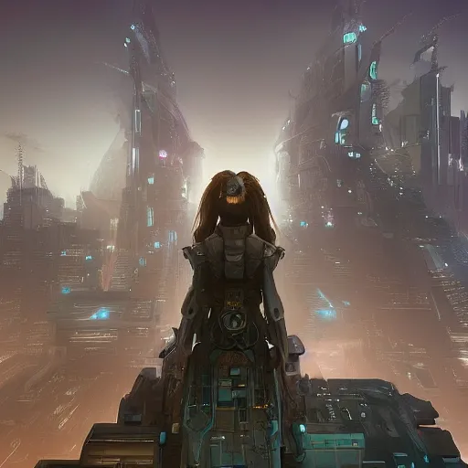 Image similar to “ a girl looking down on a futuristic city, ghostpunk, very detailed, trending on artstation ”