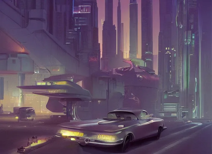 Prompt: a car driving down a street next to tall buildings the night at mignight, cyberpunk art by Chesley Bonestell, cgsociety, retrofuturism, matte painting, reimagined by industrial light and magic
