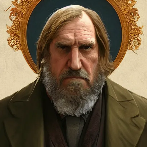 Image similar to [robot Depardieu as president of France! as GTA character, mystic hermit, closeup, D&D, intricate, elegant, highly detailed, digital painting, artstation, concept art, matte, sharp focus, illustration, art by Artgerm and Greg Rutkowski and Alphonse Mucha]