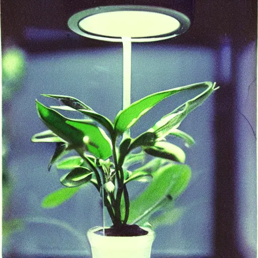 Prompt: polaroid photo of plant growing inside the transparent glass light bulb, by Warhol,