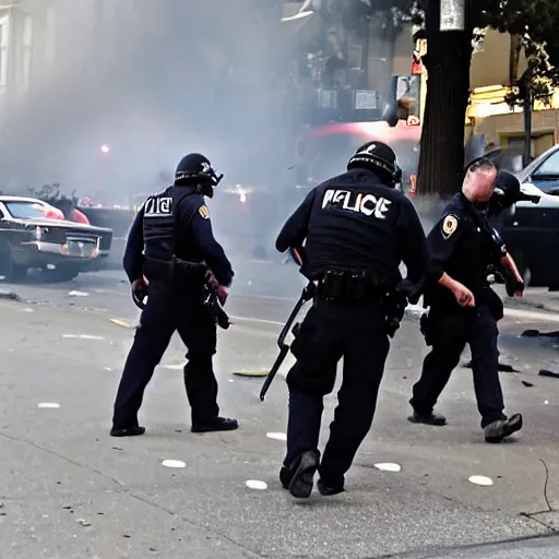 Image similar to firefight in san francisco streets, muzzle flashes, smoke, guns blazing, police vs the mafia