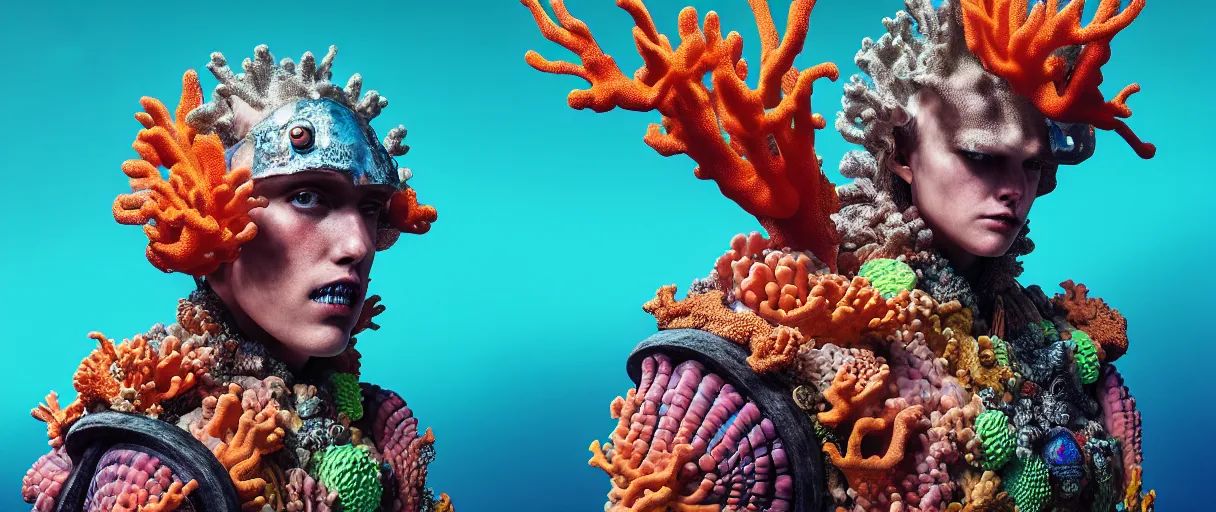 Image similar to hyperrealist highly detailed english medieval portrait of high fashion monster wearing reef armor, radiating atomic neon corals, concept art pascal blanche dramatic studio lighting 8k wide angle shallow depth of field