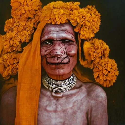 Prompt: realistic expired fuji film portrait of happy albino india hijra woman mix, marigold celestial vibe, hyperrealism, hypermaxiymalism, photorealistic, detailed, atmospheric, 8 k, award winning photography, cinematic