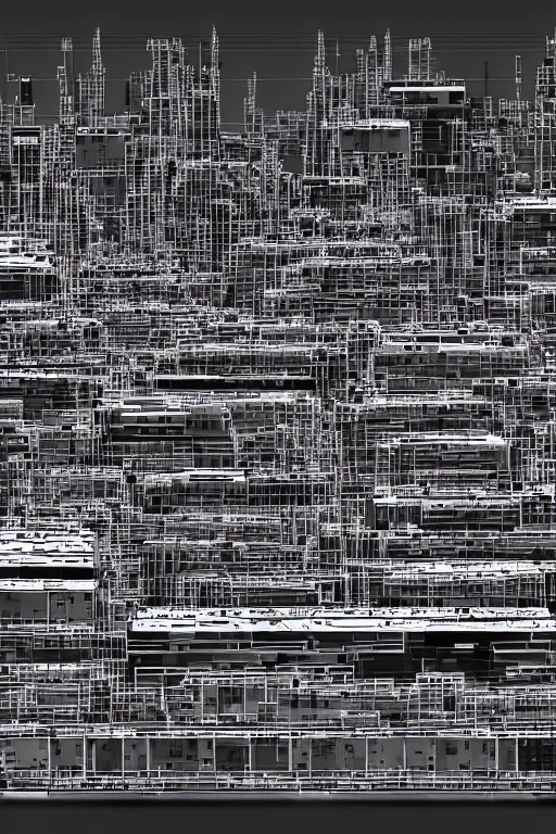 Prompt: drum machines and synththezisers cityscape, modular, in the style of akira, tron, sculpted by gaudi