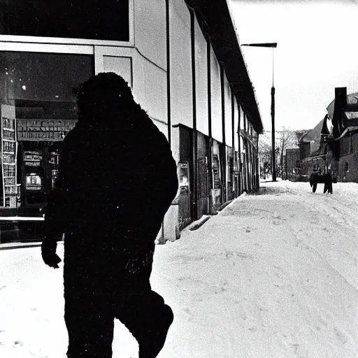 Prompt: a picture of bigfoot wearing a black and white striped ski mask and walking towards a store, taken on a WW2 camera.