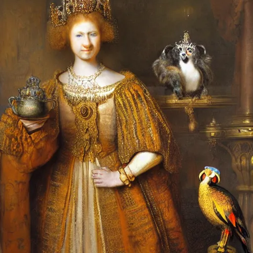 Prompt: a stunning hyper-detailed painting by Rembrandt of a slender beautiful woman with straight long ginger hair and bangs, wearing a luxurious silk robe and retro eyeglasses and a jeweled gold crown, posing with her large ginger tabby cat and raccoon and parrots on an elaborate throne in her high-ceiling Victorian living room, holding a porcelain parrot-shaped coffee mug and a donut, perfect eyes, fashion photography, dramatic cinematic lighting, octane render, IBEX Masters, unreal engine, 85 mm lens, paisley wallpaper