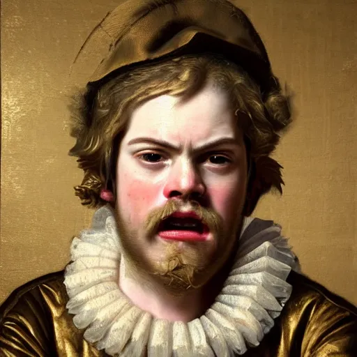 Image similar to A 17th century Baroque Painting of Maxmoefoe, grainy, realistic, hyperrealistic, very realistic, very very realistic, highly detailed, very detailed, extremely detailed, detailed, digital art, trending on artstation, detailed face, very detailed face, very detailed face, realism, HD Quality, 8k resolution, intricate details, body and head in frame, painting, oil painting, trending on deviantart, Baroque Painting