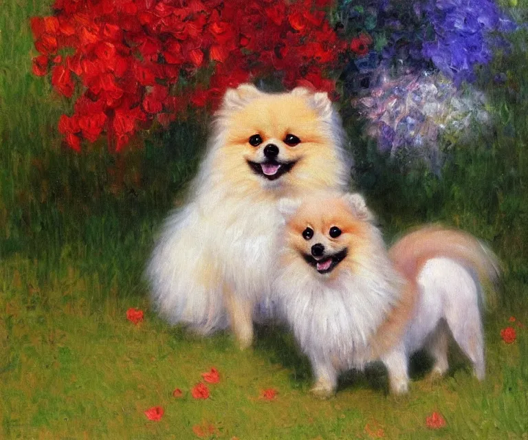 Image similar to pomeranian, cute, monet, oil painting, trending on artstation