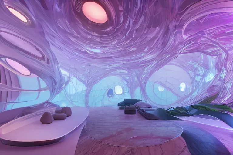 Image similar to extremely detailed awe stunning beautiful futuristic smooth curvilinear apartment interior, translucent orbs, hyper real, house plants, 8k, colorful, 3D cinematic volumetric light, atmospheric light, studio ghibli inspired, high contrast, epic composition, sci-fi, dreamlike, surreal, angelic,