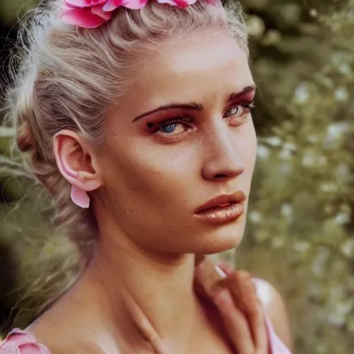 Image similar to vintage photograph of an olive skinned blonde female model in her twenties, her hair pinned up with a pink flower, wearing a designer top, looking content, focused on her neck, photo realistic, extreme detail skin, natural beauty, no filter, slr, golden hour, 8 k, high definition, selfie