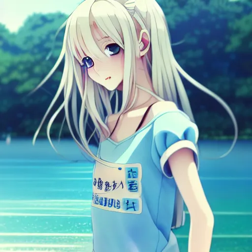 Image similar to a very beautiful anime girl, full body, long wavy blond hair, sky blue eyes, full round face, short smile, cute top, short jeans, summer lake setting, cinematic lightning, medium shot, mid-shot, highly detailed, trending on Artstation, Unreal Engine 4k, cinematic wallpaper by Stanley Artgerm Lau, WLOP, Rossdraws, James Jean, Andrei Riabovitchev, Marc Simonetti, and Sakimichan