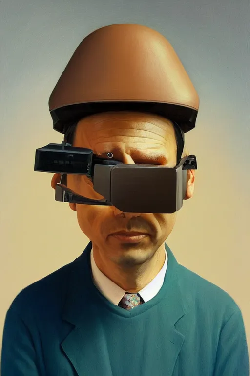 Image similar to satoshi nakamoto wearing oculus and bitcoin over his head edward hopper and james gilleard, zdzislaw beksisnski, higly detailed