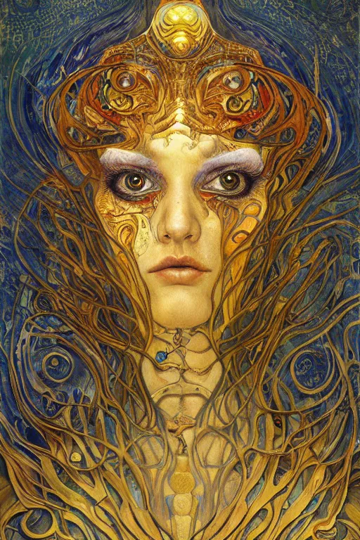 Image similar to Metamorphosis by Karol Bak, Jean Deville, Gustav Klimt, and Vincent Van Gogh, transformation portrait, chimera, visionary, cicada wings, otherworldly, fractal structures, ornate gilded medieval icon, third eye, dynamic, spirals