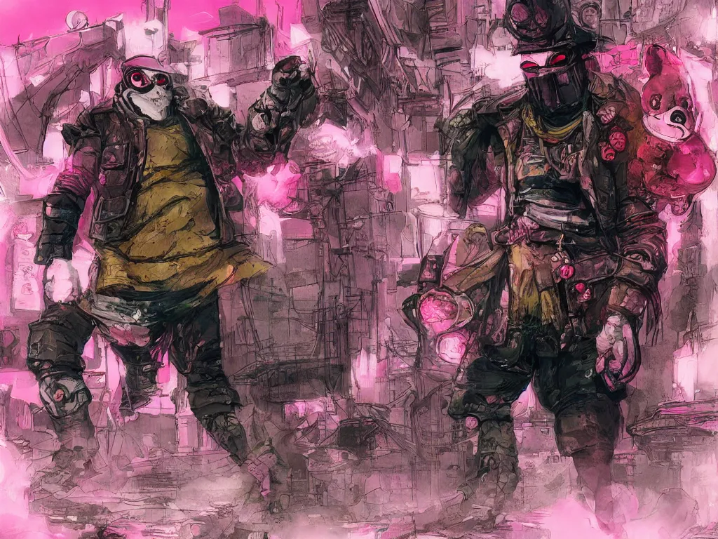 Prompt: Humpty Dumpty as a chicken egg, fighting with a pink rubber monkey in a cyberpunk, post apocalyptic Tokyo, D&D, fantasy, highly detailed, digital painting, artstation, concept art, smooth, sharp focus, illustration, art by Bill Sienkiewicz