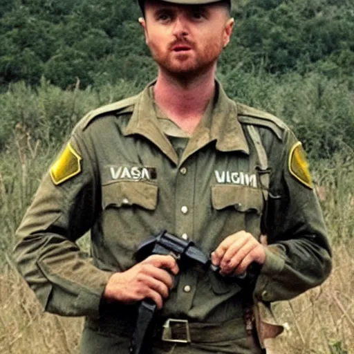 Prompt: aaron paul dressed as a us army soldier during the vietnam war, highly detailed, cinematic lighting, photorealistic