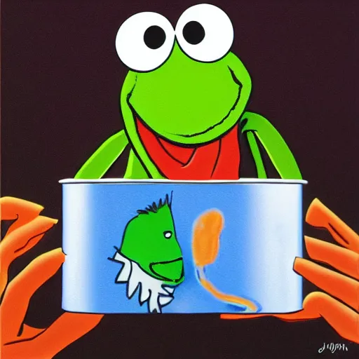 Image similar to kermit the frog chasing a soda can in the style of muppets by jim hansen