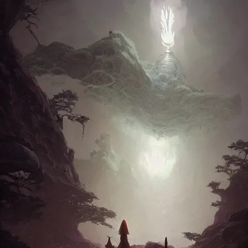 Image similar to stone humanoid colossus by grzegorz rutkowski and richard wright and peter mohrbacher and dan scott, atmospheric haze, stormy, forest, tiny woman in cloak in foreground silhouette, large scale