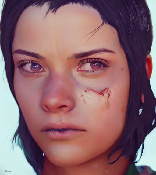 Prompt: highly detailed macro shot of a female portrait with a look of disgust, in gta v, unreal engine, loish, rhads, makoto shinkai and tom bagshaw, reflective global illumination, god rays, detailed and intricate environment