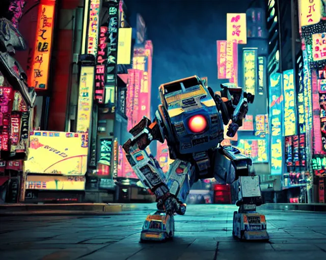 Image similar to CHAPPIE Breakdancing In The Middle of Neo Tokyo, Full Figure, 8K, octane render, HDR, photorealistic, volumetric lighting, Hyperrealistic-H 960