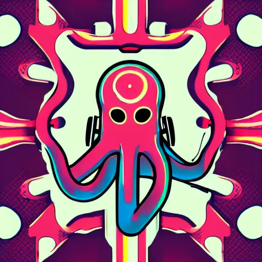 Prompt: cyborg octopus dj in headphones, digital art, geometric, vector art