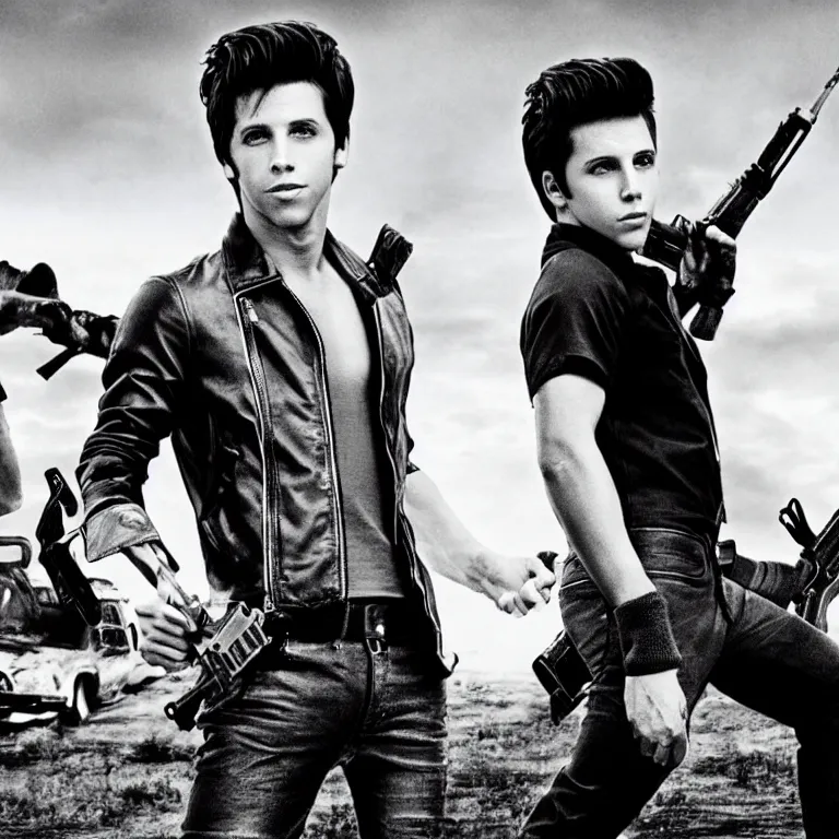 Prompt: photo of danny zuko in the post apocalyptic wasteland, large submachine gun, surrounding mutant creatures