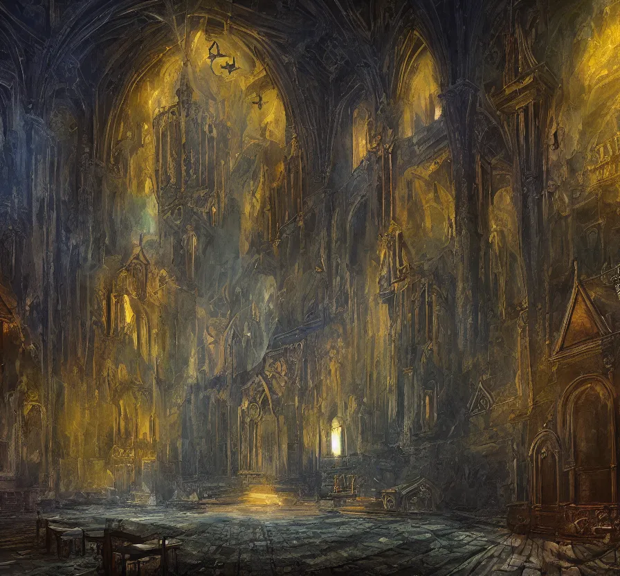 Image similar to inside old church with sage mage casting pentagram spell, dark colors, acrilic paint, brush paint, heavenly atmosphere, paint, ultra detailed, beautiful image, resolution, artstation