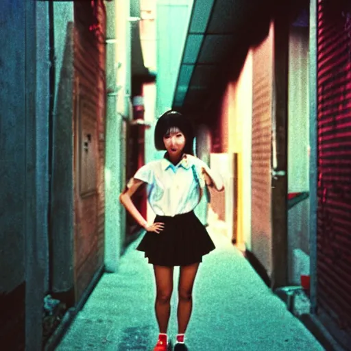 Image similar to 1990s perfect 8K HD professional cinematic photo of a japanese schoolgirl, in sci-fi alleyway at evening, at instagram, Behance, Adobe Lightroom, with instagram filters, depth of field, taken with polaroid kodak portra