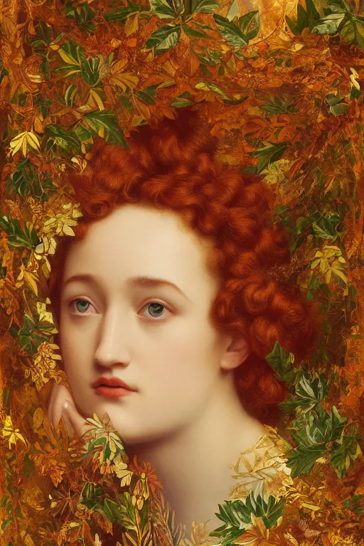 Prompt: masterpiece beautiful seductive flowing curves preraphaelite face portrait of julia garner amongst leaves, extreme close up shot, orange ochre ornate medieval dress, branching abstract decorate structural circle, halo, amongst foliage, gold gilded circle halo, kilian eng and frederic leighton and rosetti, 4 k