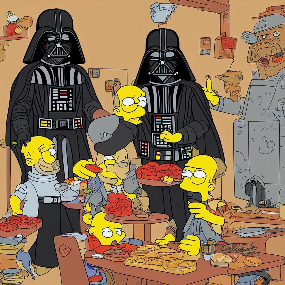 Prompt: darth vader serving donuts in simpsons style art