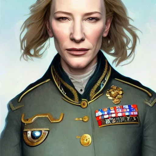 Image similar to Portrait of cate blanchett as a military officer, intricate, headshot, highly detailed, digital painting, artstation, concept art, sharp focus, cinematic lighting, illustration, art by artgerm and greg rutkowski, alphonse mucha, cgsociety