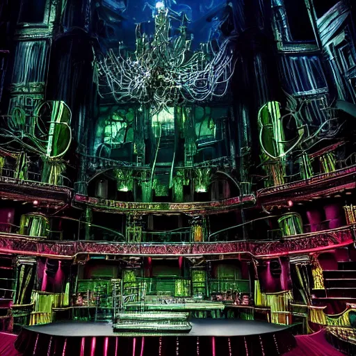 Image similar to photo, a highly - themed dramatic broadway musical set design with huge spectacle, dark and moody futuristic, a dark gothic psychedelic palace