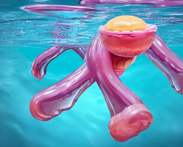 Prompt: a massive jelly sculpture of a squashed funny human face on a jelly donut floating on the ocean water, in the style of johnson tsang, cinematic, hyper - realistic, very detailed, realistic jelly splashes, ray tracing, 8 k resolution, long - shot, sharp focus, low angle, 8 5 mm photograph, wide lens