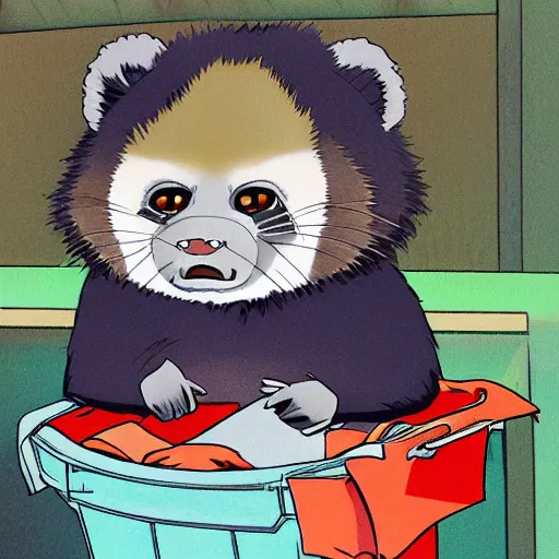 Prompt: Tanuki doing his laundry, anime style