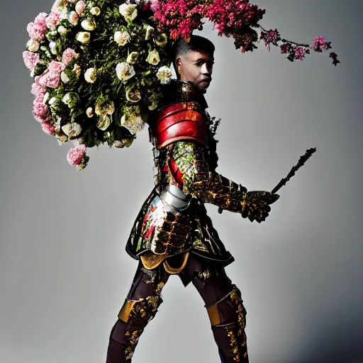 Image similar to a portrait of a beautiful young male wearing an alexander mcqueen armor made of flowers , photographed by andrew thomas huang, artistic