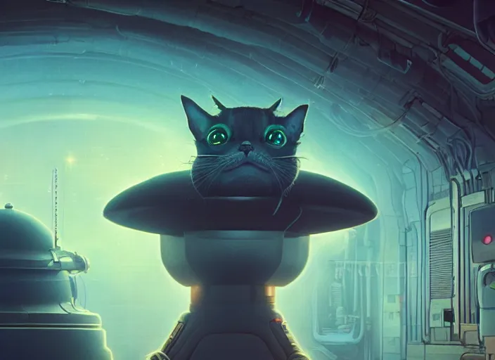 Prompt: alien cat sleeping in a spaceport in a gothcore ghibli animated film, volumetric lighting, octane render by stanley artgerm lau, greg rutkowski, alphonse mucha, loish, norman rockwel, highly detailed