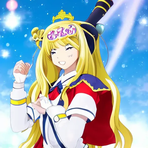 Image similar to An anime magical girl with long blond ponytails, dressed in a sailor-suit school uniform inspired attire, wearing a golden tiara in her forehead, white elbow-length gloves and red thigh-high boots