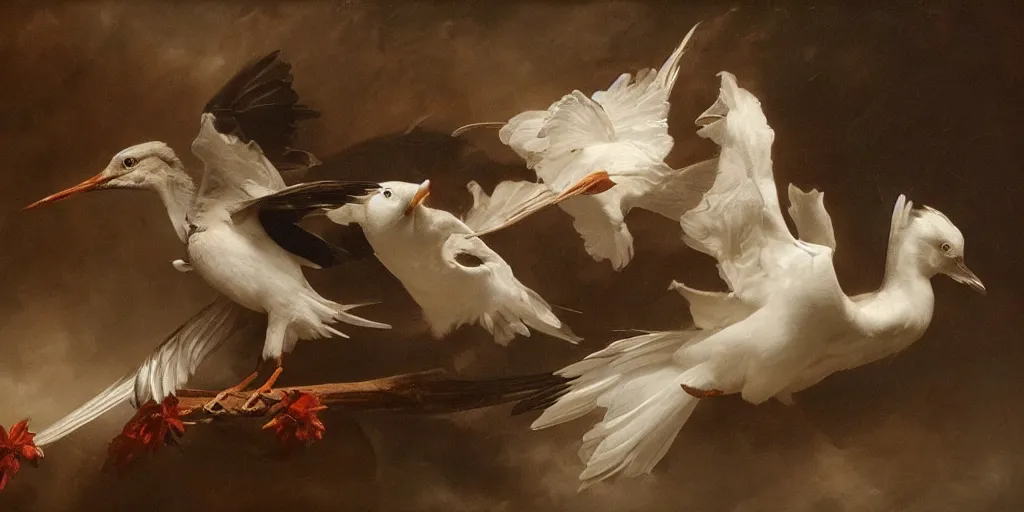 Image similar to highly detailed beautiful photography of birds, splash, sharp focus, dramatic, dynamic, lighting, elegant, harmony, beauty, masterpiece, by roberto ferri