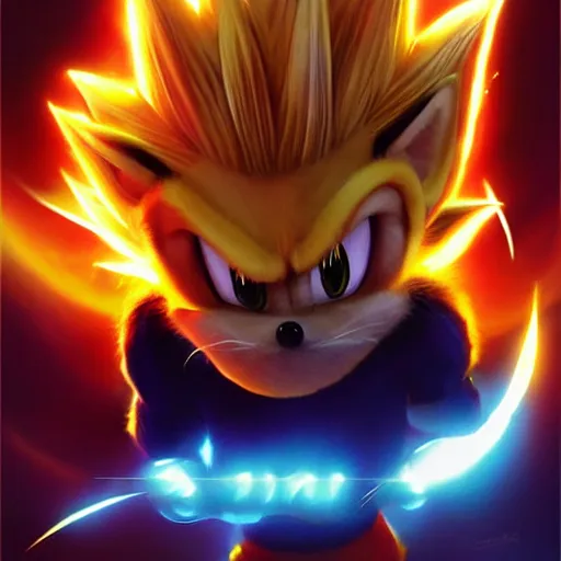 prompthunt: super saiyan sonic movie poster, yellow fur, yellow fur, super  saiyan, sonic the hedgehog, full body, digital art by greg rutkowski