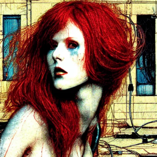 Prompt: redhead female cyberpunk, wires cables skulls, machines, in the style of john william waterhouse, and michael w kaluta, 4 k photo autochrome