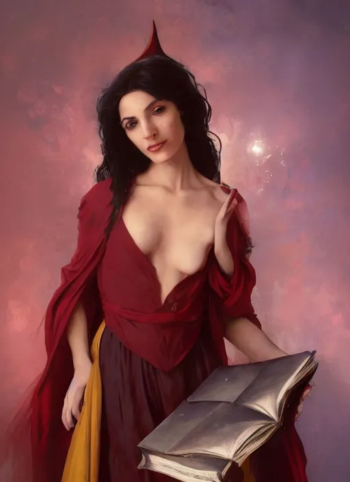 Prompt: character concept portrait of an attractive young female Spanish witch in a red and golden robe with pale skin enchanting a protection spell, a floating iridescent spell book in the center, intricate, elegant, digital painting, concept art, smooth, sharp focus, illustration, from Metal Gear, by Ruan Jia and Mandy Jurgens and William-Adolphe Bouguereau, Artgerm