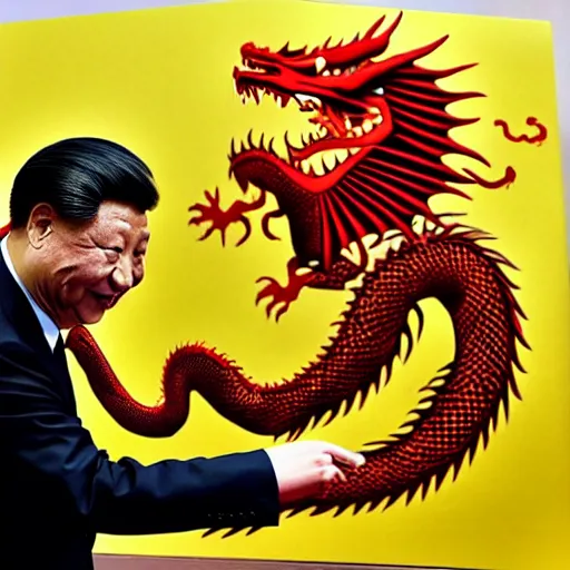 Image similar to Chinese president in epic stance fighting with dragon on flaming mountain, bananas weapon, painting, epic