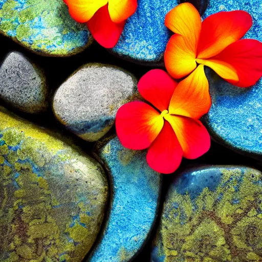 Image similar to tropical leaves, and flowery rocks closeup by rippling clear blue water, bright colorful, zen, minimalist, sunny environment, highly detailed, realistic, up close shot shinji aramaki, karol bak, alphonse mucha